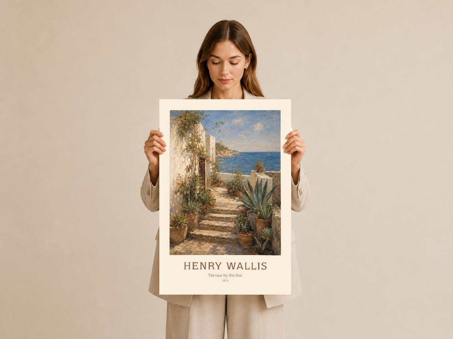 Elde tutulan Henry Wallis poster baskısı, Akdeniz'e açılan duvarlı terası gösteren romantik manzara sanatı.