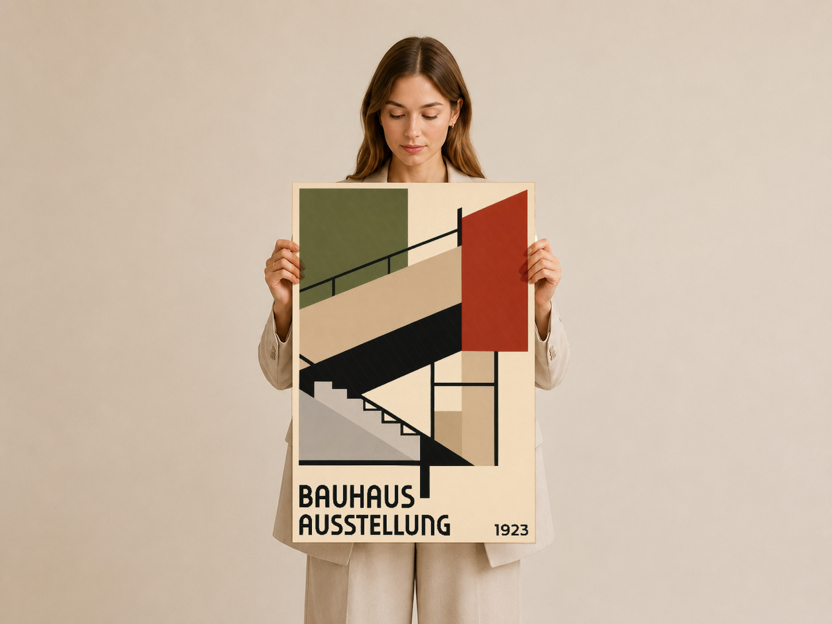 Bauhaus Ausstellung 1923 sanat baskısı, ikonik merdiven motifi ve renk harmonyası ile 1920'lerin tasarım devrimini anlatıyor.