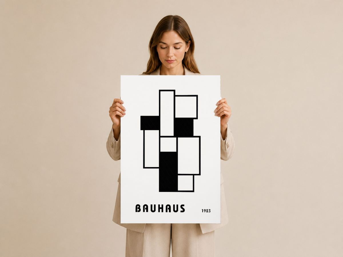 Bauhaus 1923 duvar tablosu, çağdaş geometrik sanat stili siyah beyaz baskı.