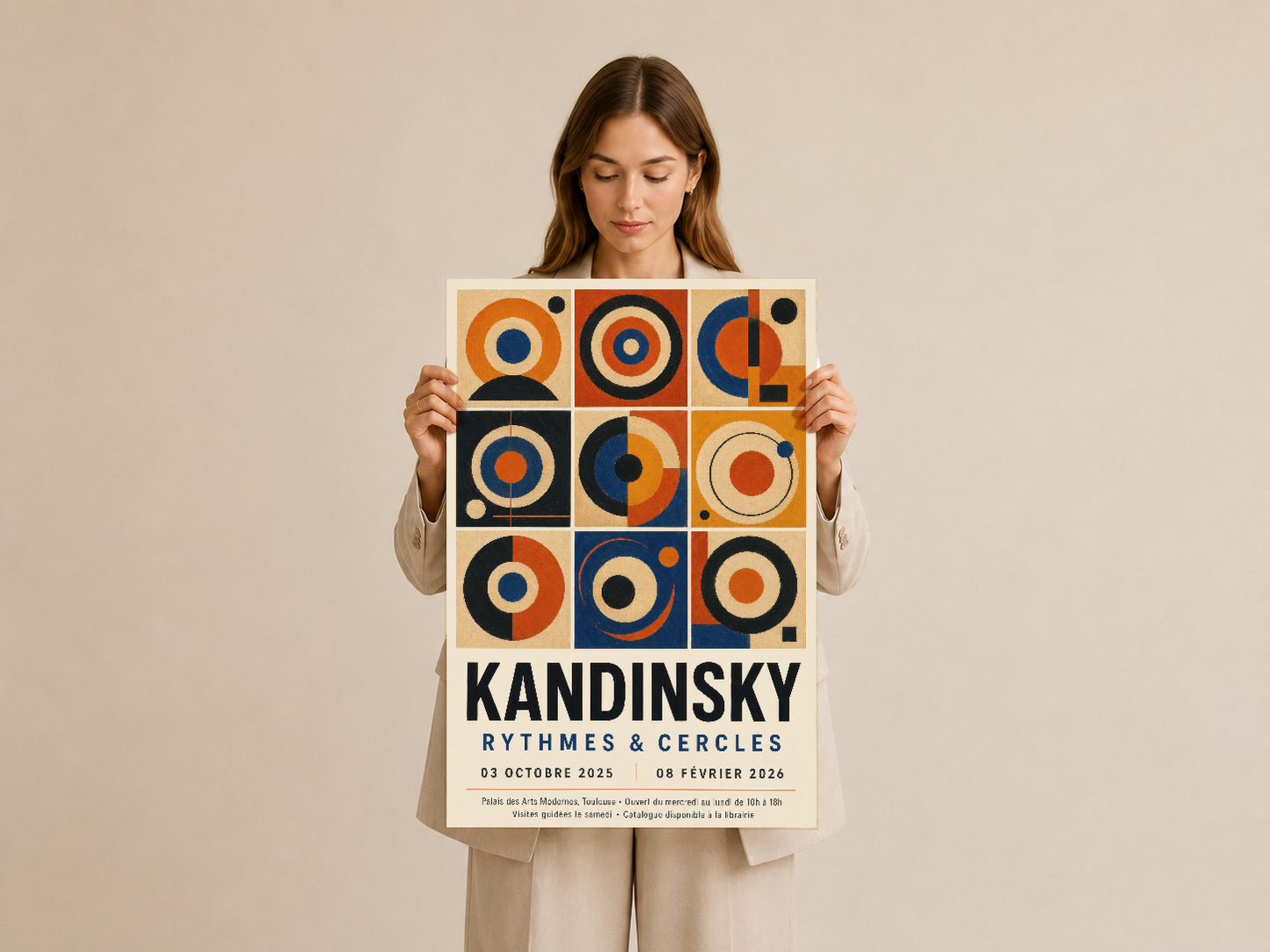 Kandinsky Ritimleri ve Çemberler posteri, kadın tarafından tutulmuş, canlı turuncu, mavi ve siyah renk paleti.