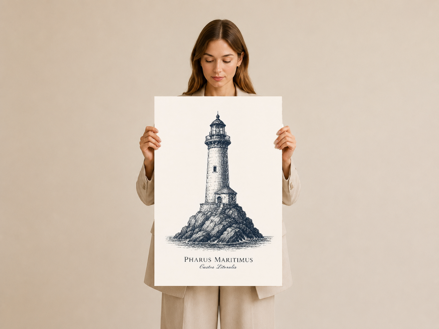 Denizcilik temalı fener posteri, sanat baskısı olarak sunuluyor.