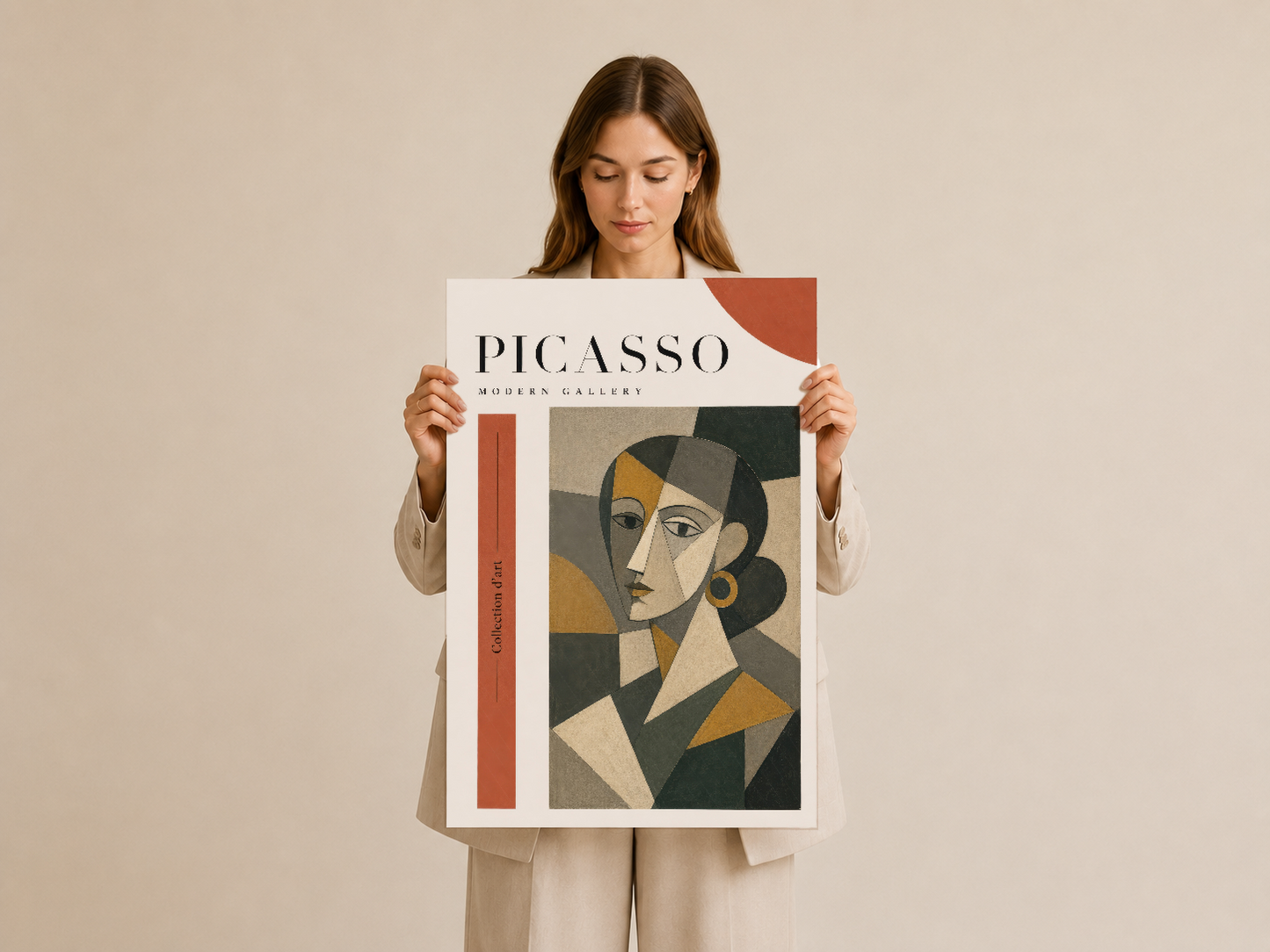 Krem renkli elbiseli kadın tarafından tutulmuş Picasso Modern Gallery posteri, soyut geometrik kadın yüzü ve turuncu aksent
