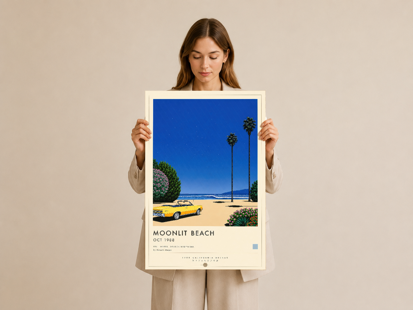 Klasik sahil manzaralı Moonlit Beach posteri, siyah çerçevede çağdaş tasarım sanat eseri.