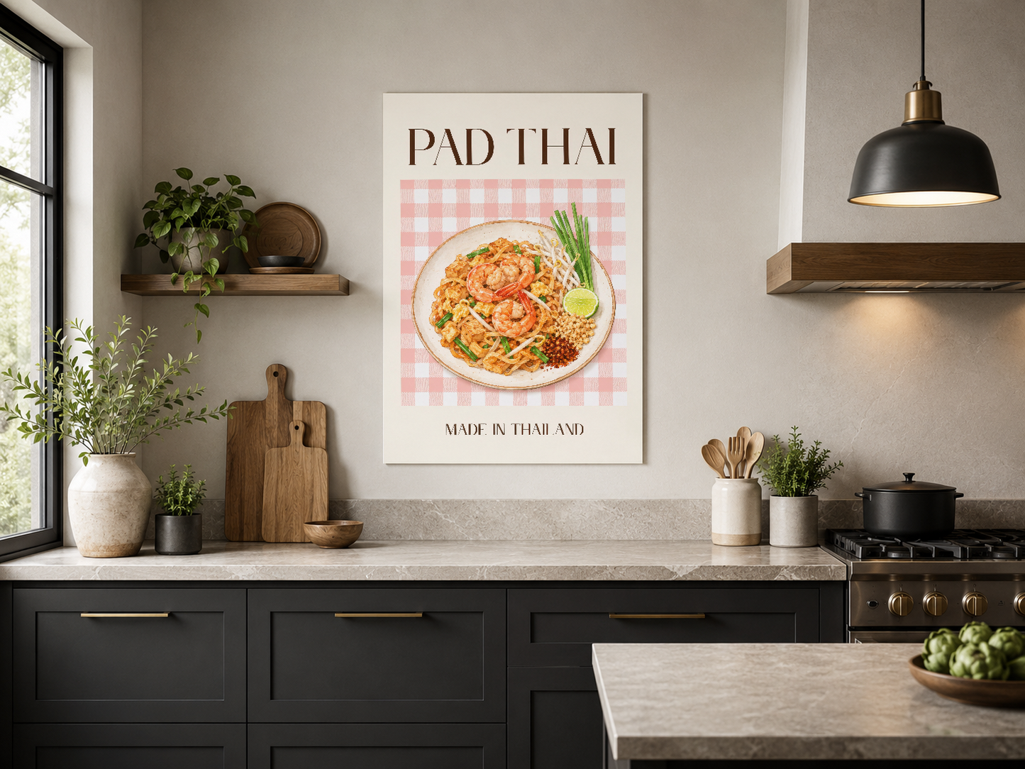 Özgün Pad Thai tasarımlı tablo, siyah mutfak kabinetleriyle kontrastlı ve sofistike görünüyor.