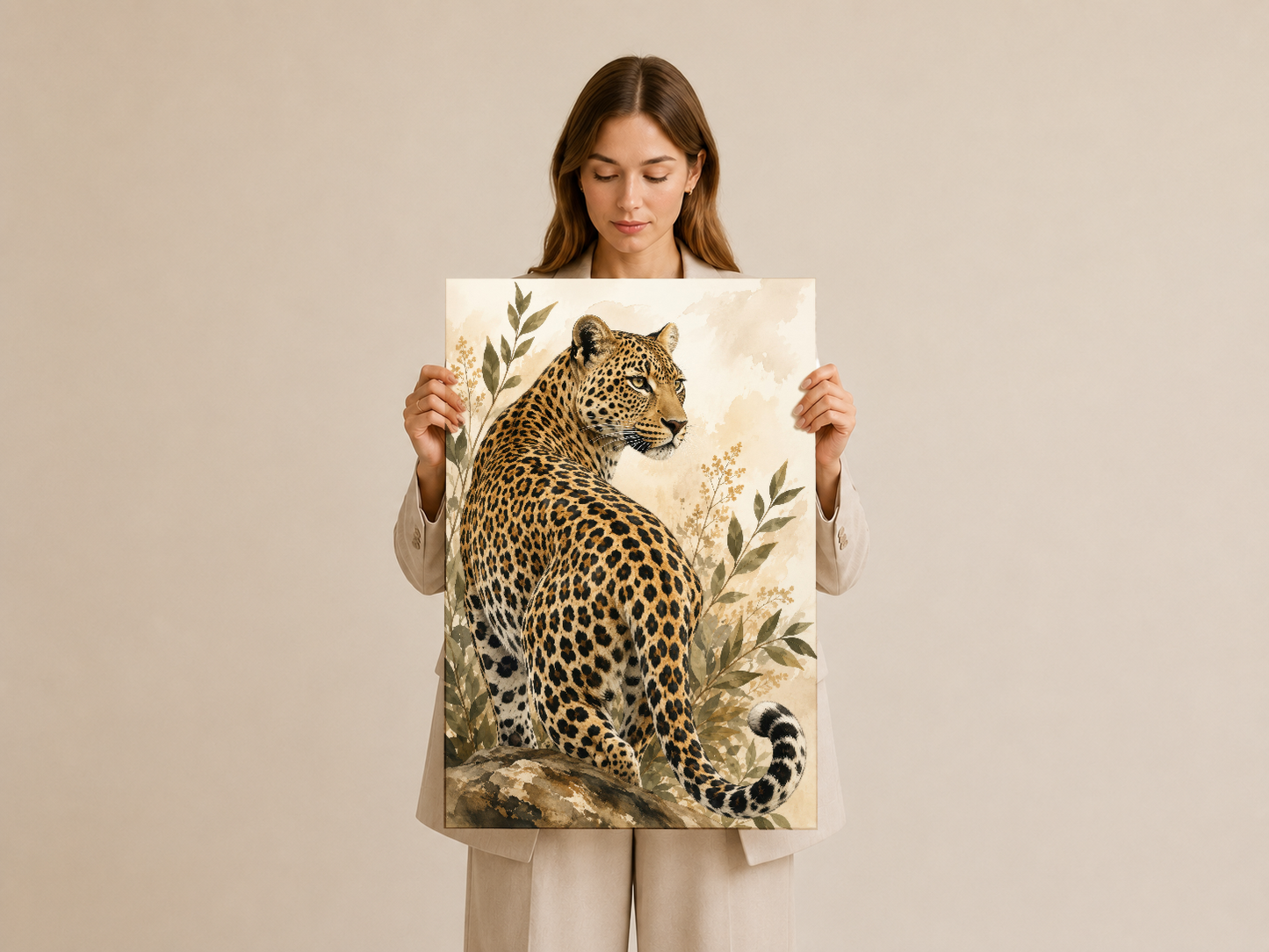 Leopar tablo tasarımı, doğa temalı portre, çerçeveli sanat eseri olarak sunuluyor.