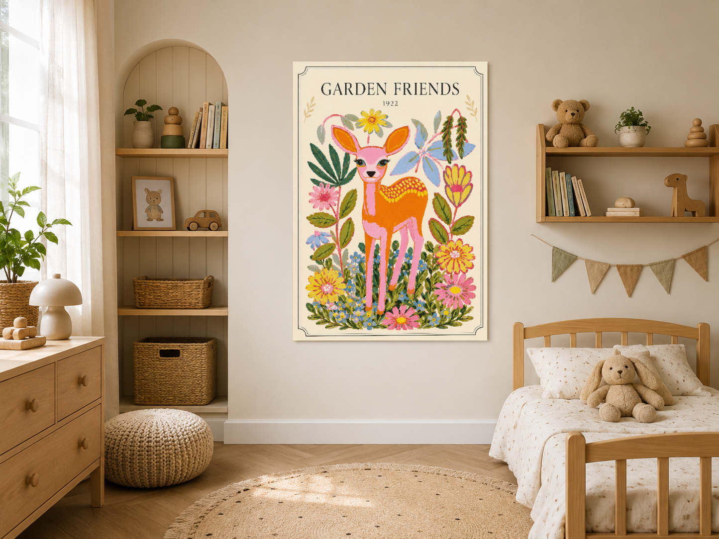 Doğal ahşap çerçeveyle sunulan Garden Friends tablosu, boho çocuk odası stiline mükemmel.