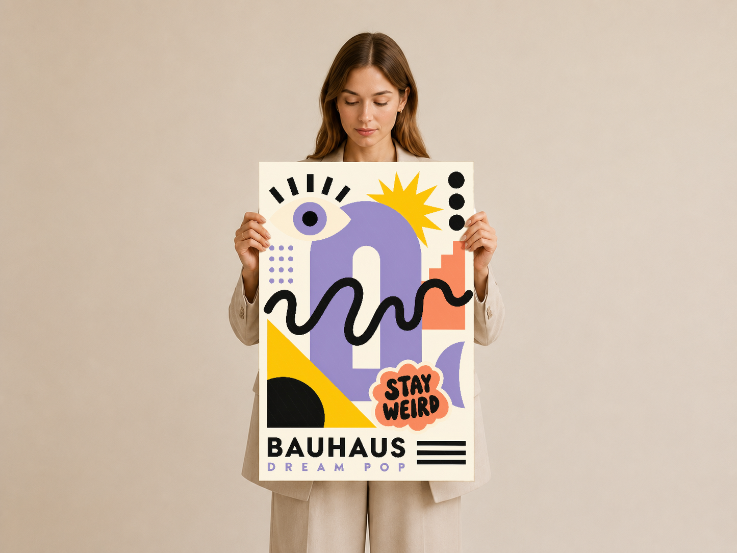 Bauhaus Dream Pop duvar tablosu, canlı Bauhaus tarzı şekiller ve stay weird mesajı ile modern tasarım.