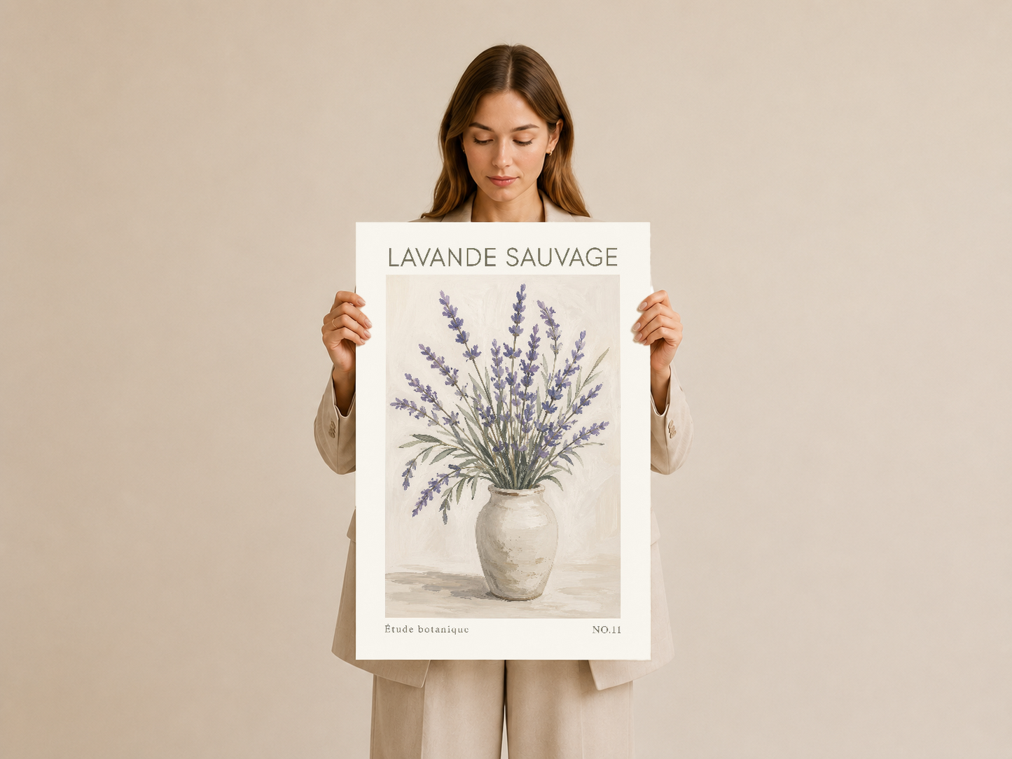 Lavanta Sauvage baskılı poster, ince çizimlerle lavanta demeti gösteren zarif ve sakin botanik sanat eseri.