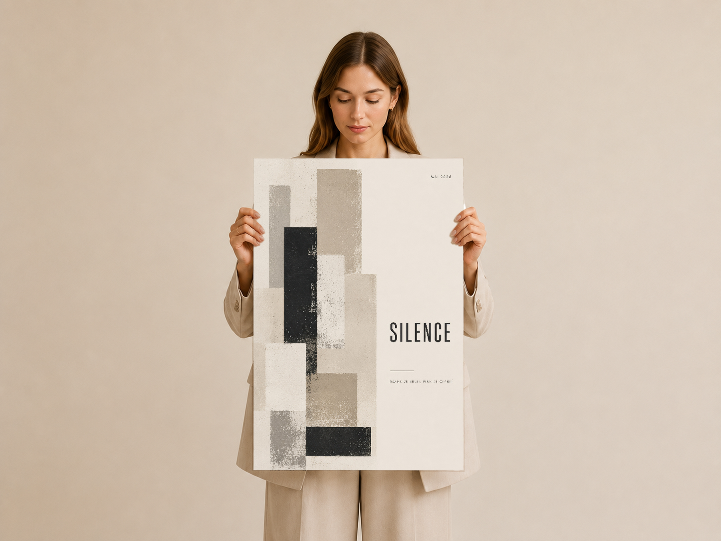 SILENCE tasarımlı modern duvar tablosu, elleri ile tutulan formda görülüyor, minimalist estetik.