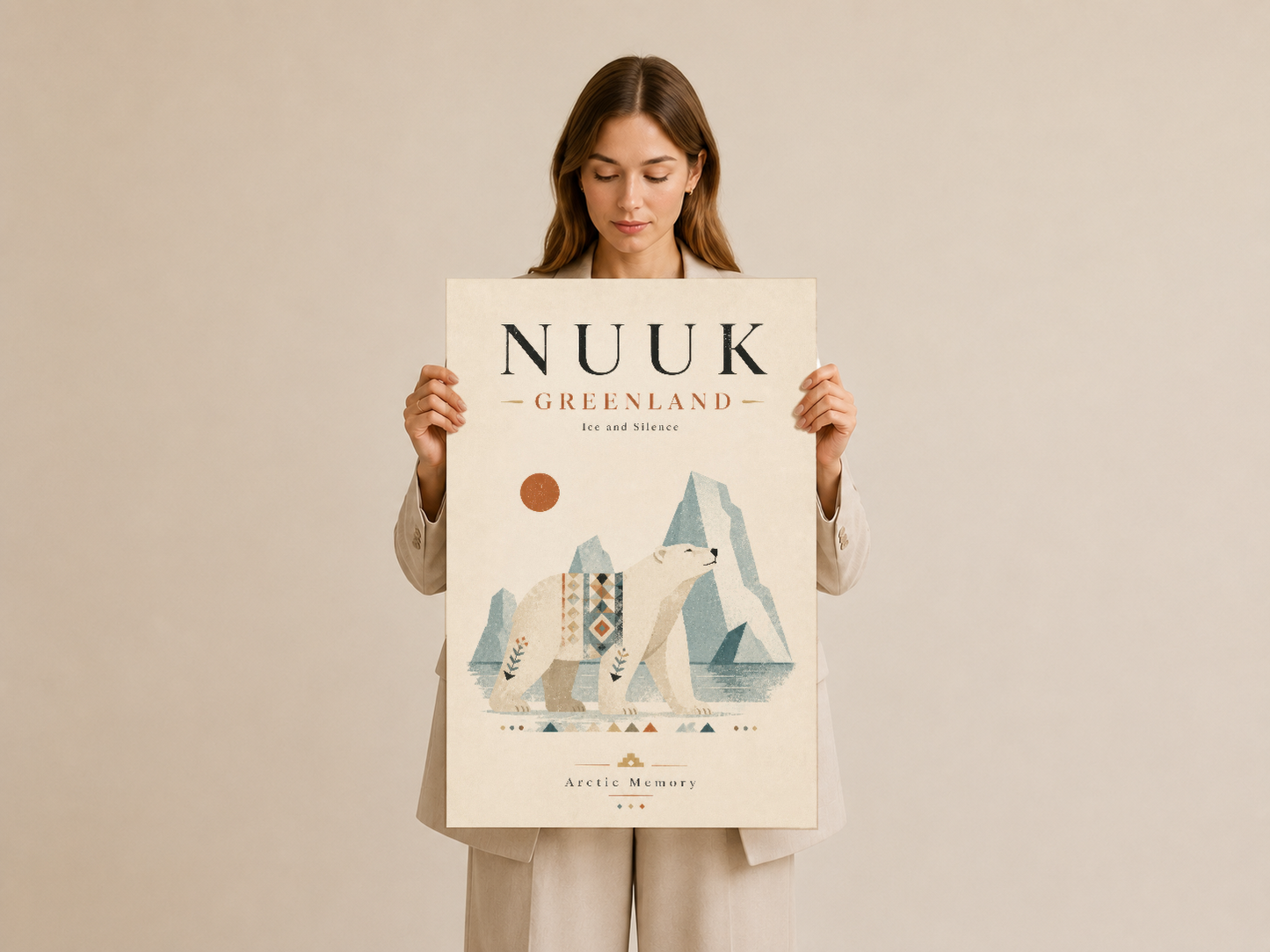 Nuuk Greenland sanat baskısı, bej tonlarında ve geometrik desenleriyle Skandinav estetik yansıtan poster.