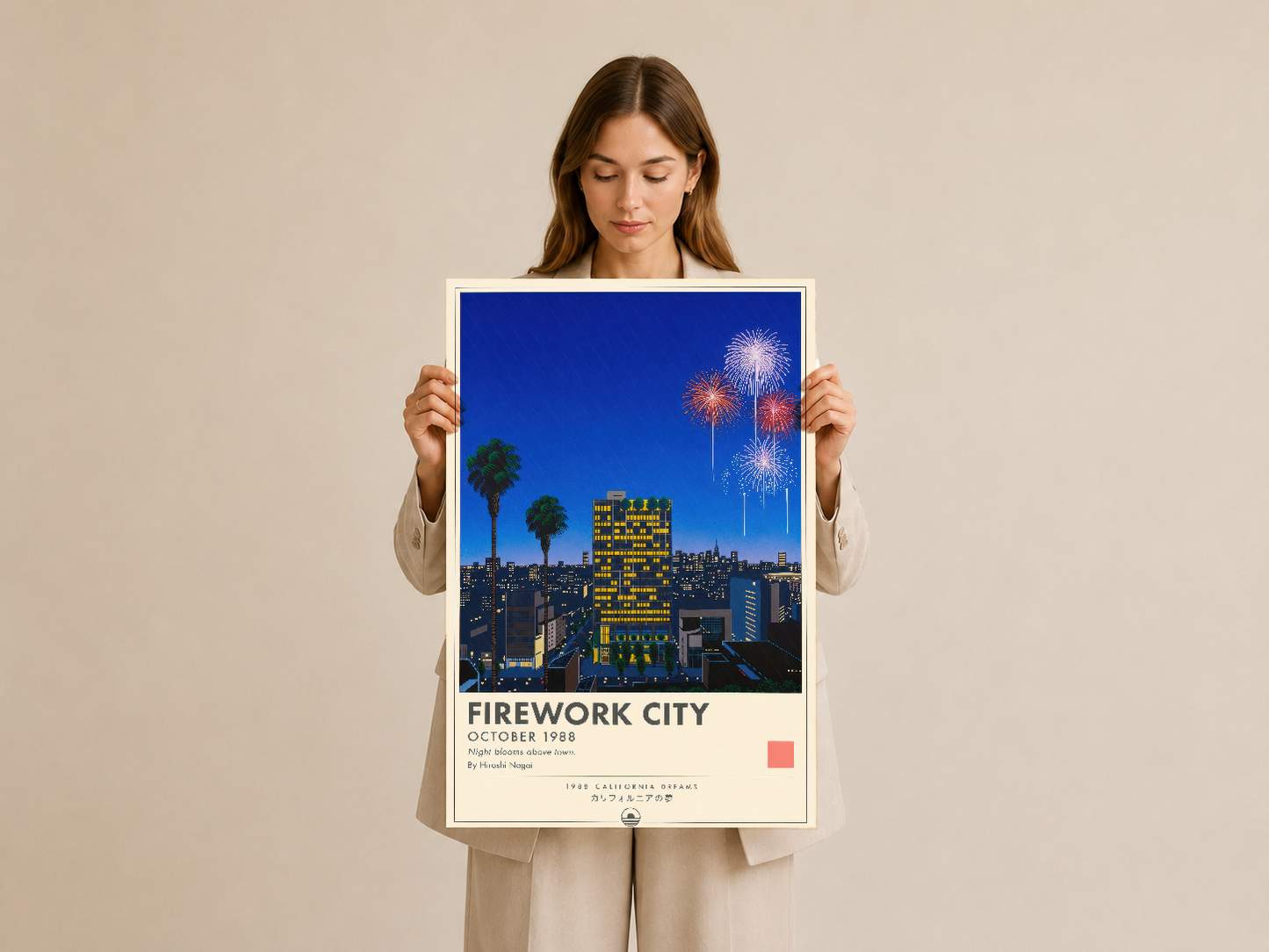 Firework City tablosu, gece şehri manzarası ve renkli havai fişekler içeren 1988 tarihli sanat poster tasarımı.