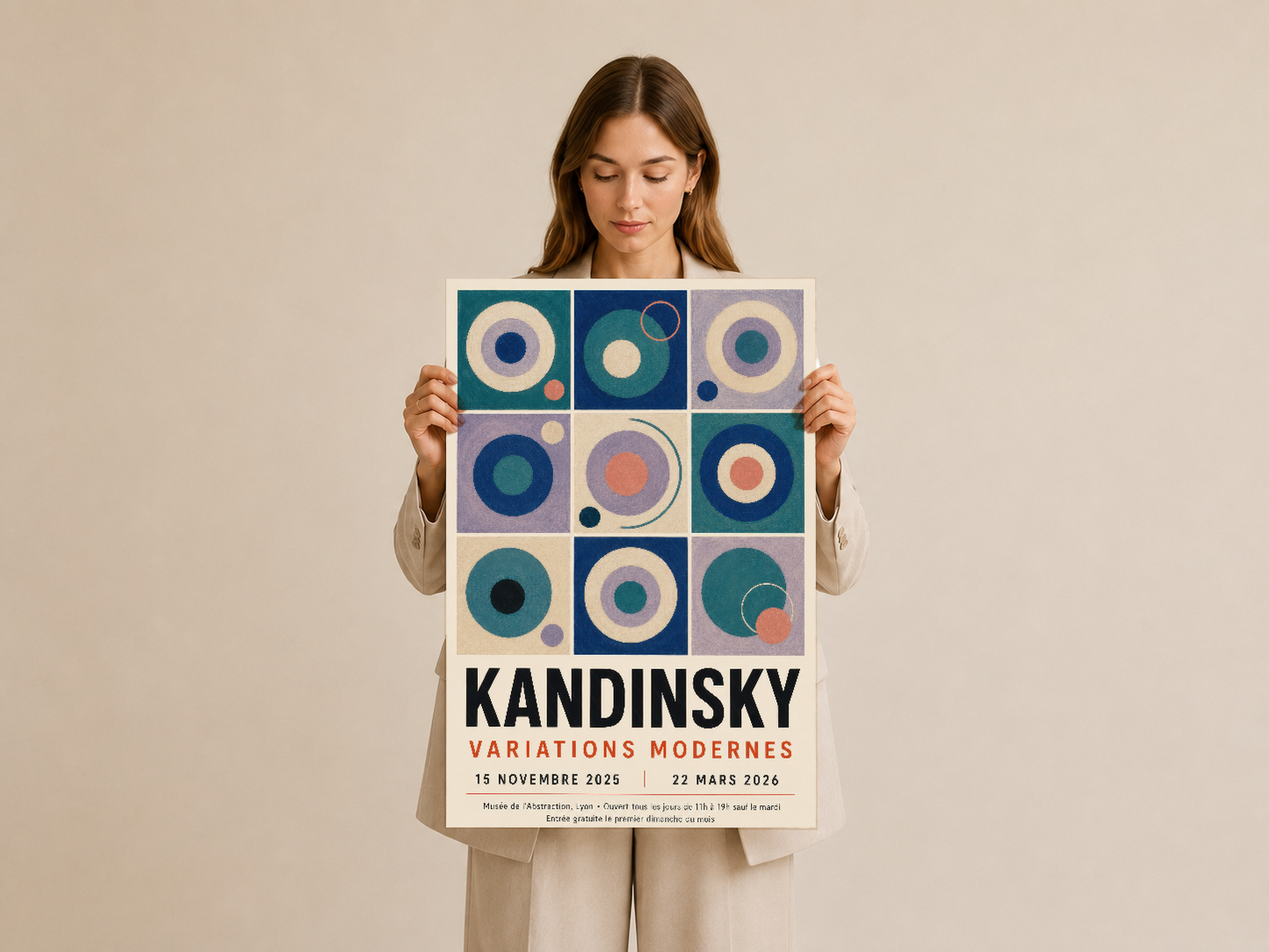 Mavi, yeşil ve pembe tonlarında Kandinsky soyut tasarımı, sanat posteri formatında sunuluyor.