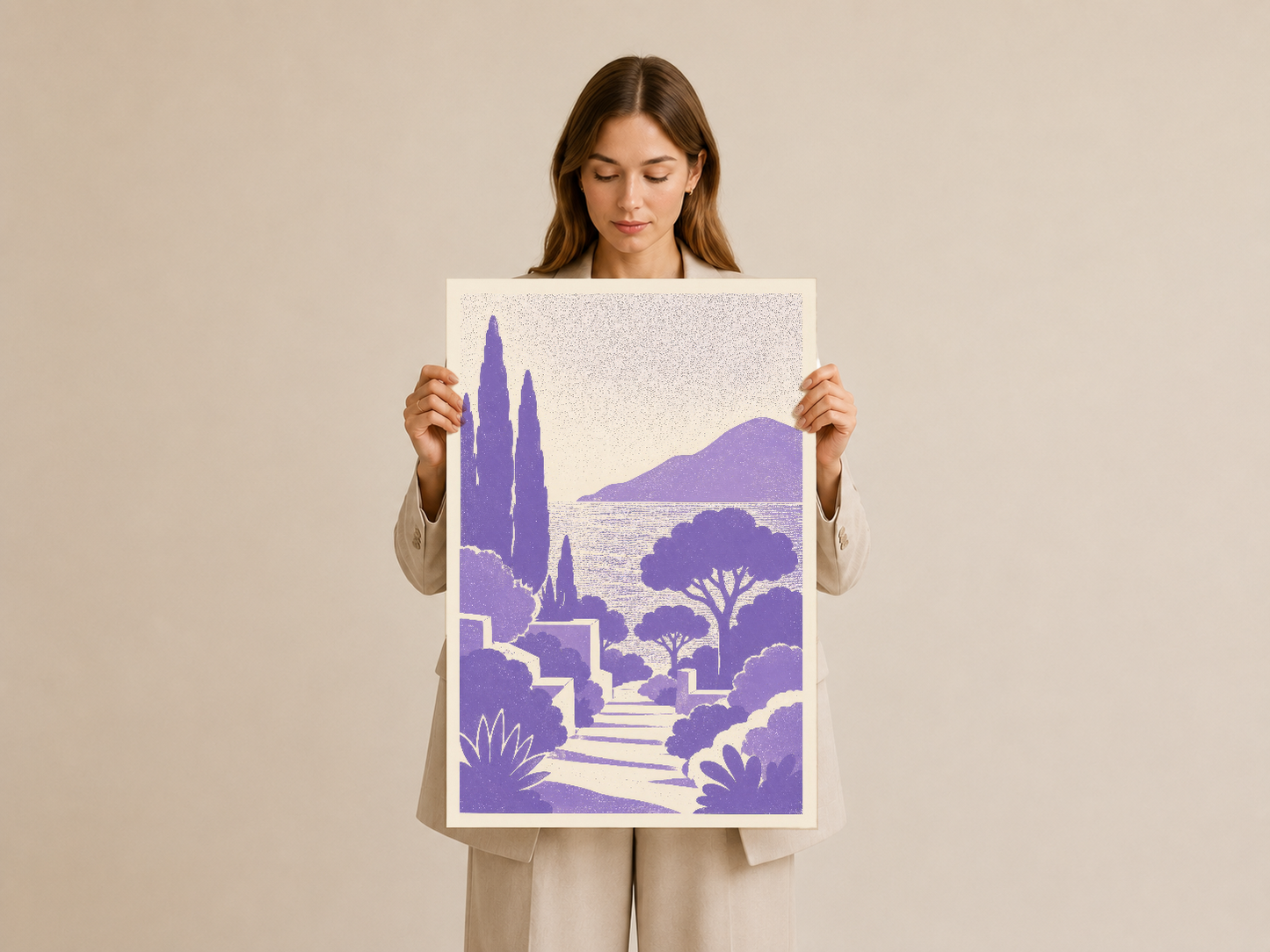 Elinde tutulan mor Akdeniz manzarası tablosu, gözde dekor ögesi ve sanat koleksiyonu.