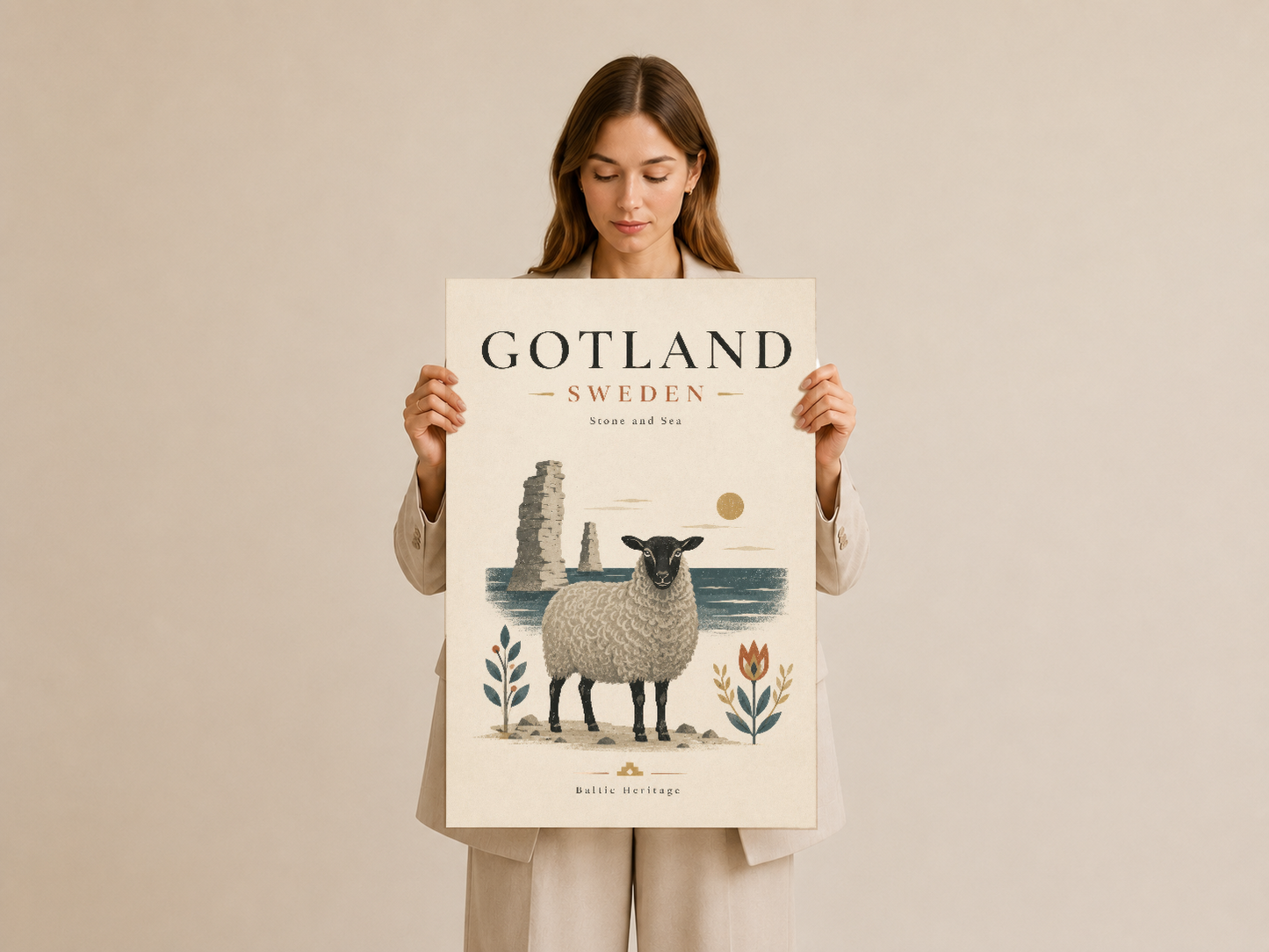 Gotland İsveç tablosu, minimalist koyun ve deniz sahnesiyle, pastel tonlar ve botanik dekorlar.