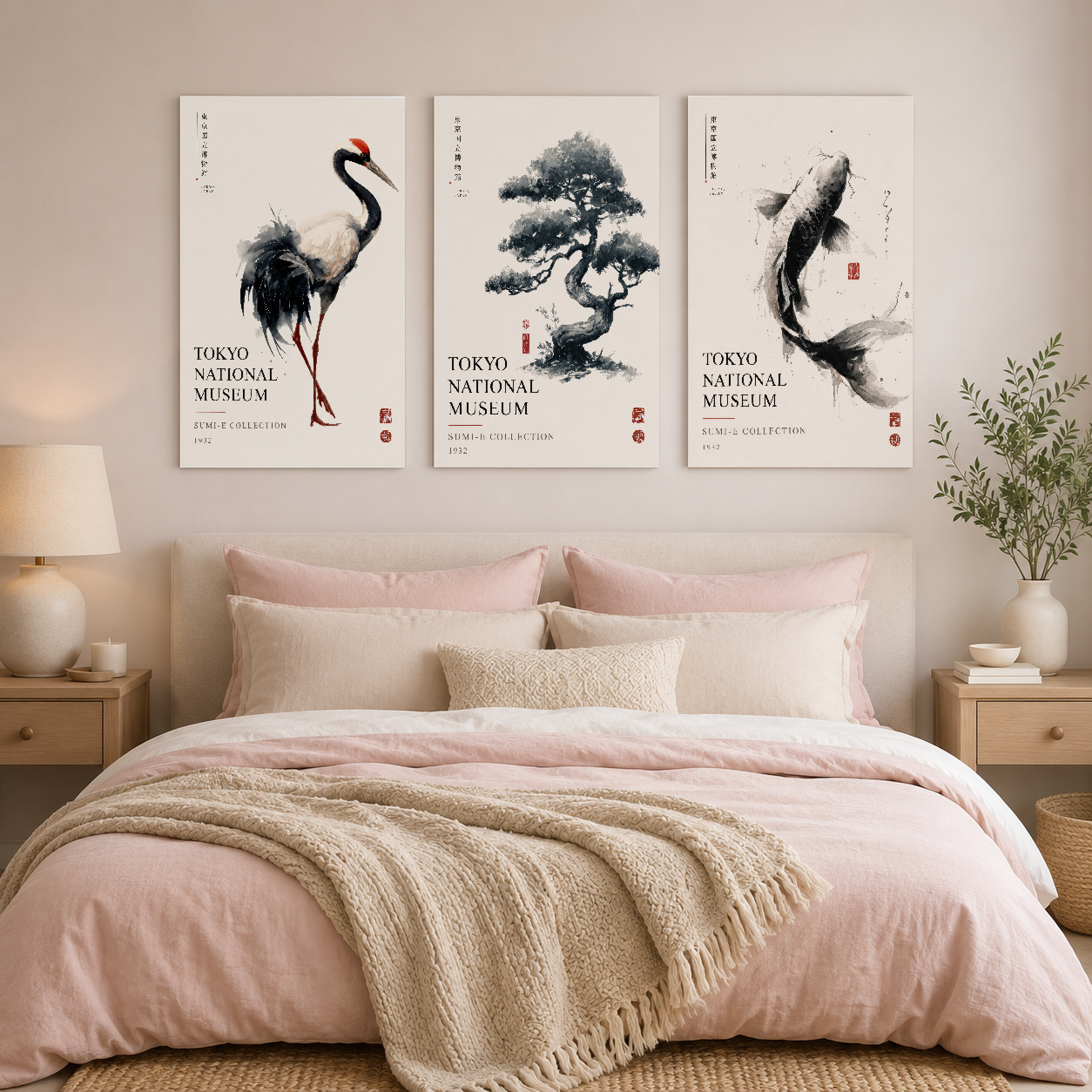 Yatak başında asılı, Tokyo Müzesi sumi-e koleksiyonundan uyarlanan turna, bonsai ve balık temalarının üç parçalı tablo.