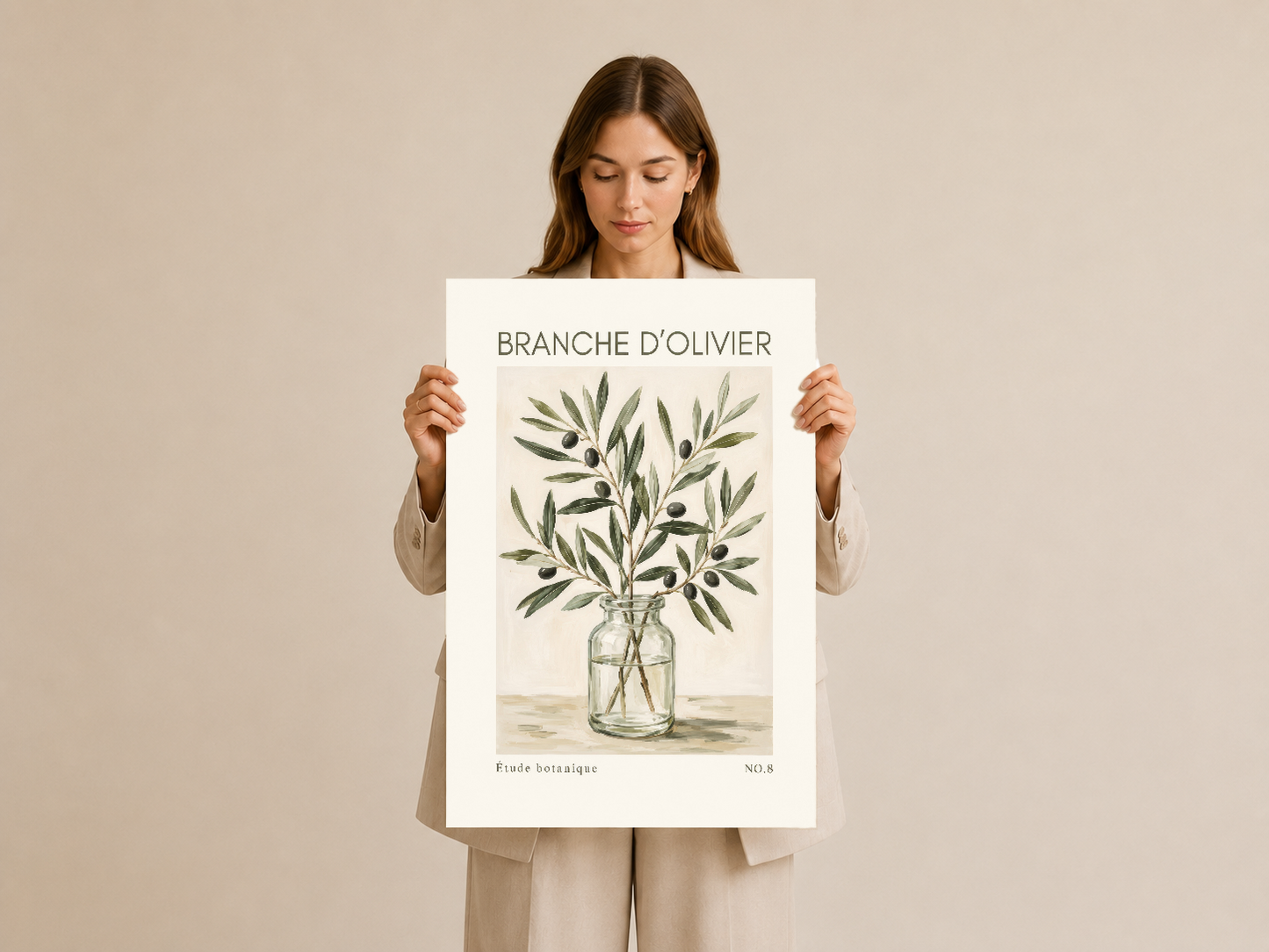 Branche d'Olivier poster baskısı, iki elde tutulu, sade zeminde asılı şekilde gösterililiyor.