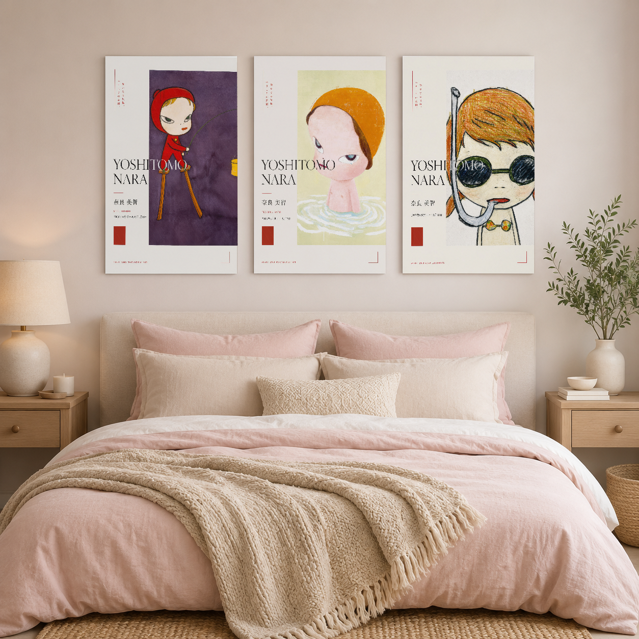Yatak başında üç parçalı Yoshitomo Nara sanat tablosu seti, çiçek desenli karakter portrelerinden oluşan dekoratif