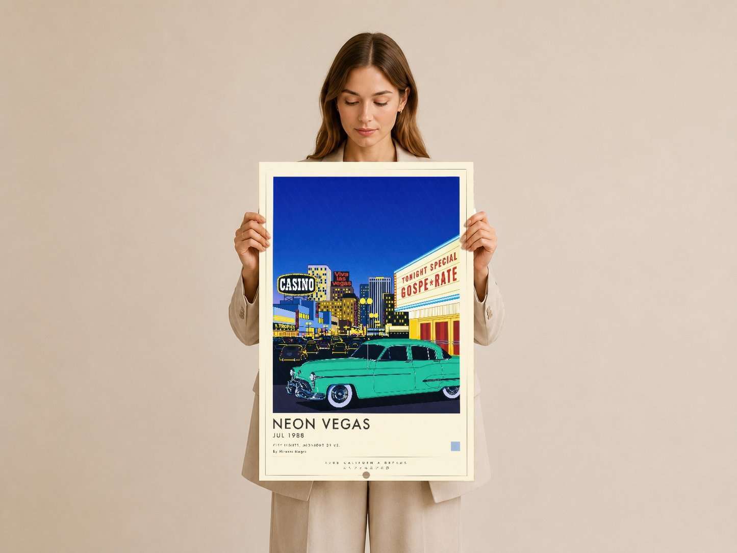 Neon Vegas tasarımlı sanatsal poster, retro otomobil ve nostaljik şehir ışıkları içeren duvar dekorasyonu.