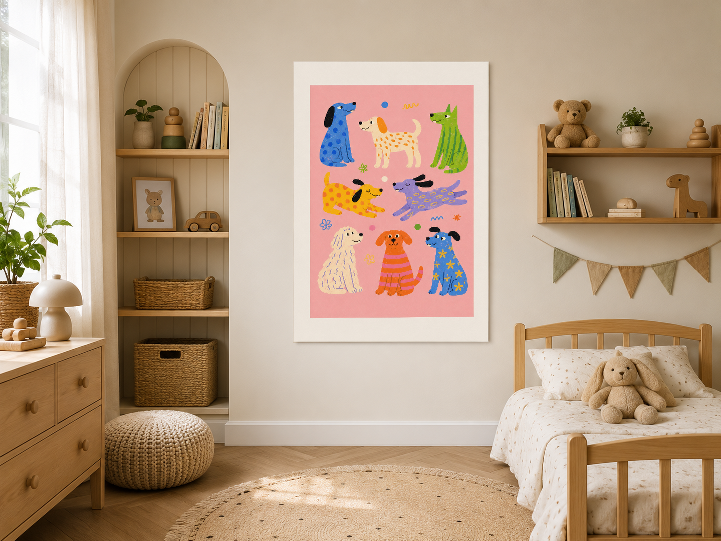 Rengarenk köpek motifli poster, ahşap donanımlı minimalista çocuk yatak odası stilinde.