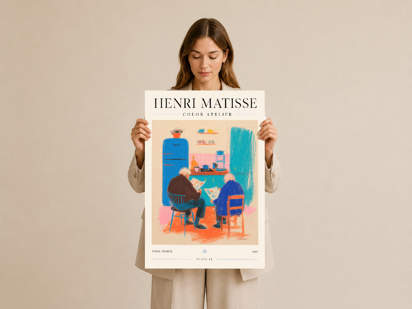 Matisse Color Atelier tablosu, canlı mavi ve turuncu tonlarında, sanatın gücünü gösteren poster baskı.