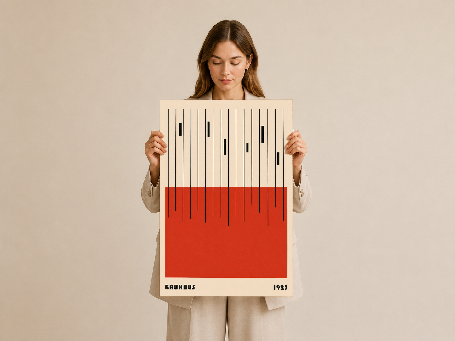 Bauhaus tasarım posteri, 1923 tarihli geometrik deseni taşıyan soyut duvar tablosu.