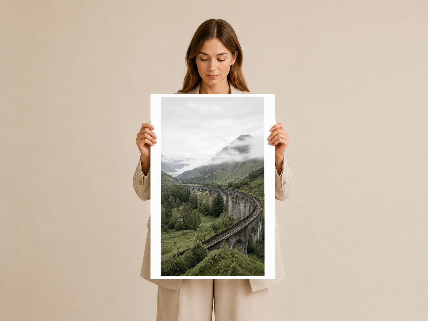 Yeşil vadide akan viadukt sahnesi, beyaz çerçeveli poster formatı, doğal ışıkta insan eli tutuşunda.