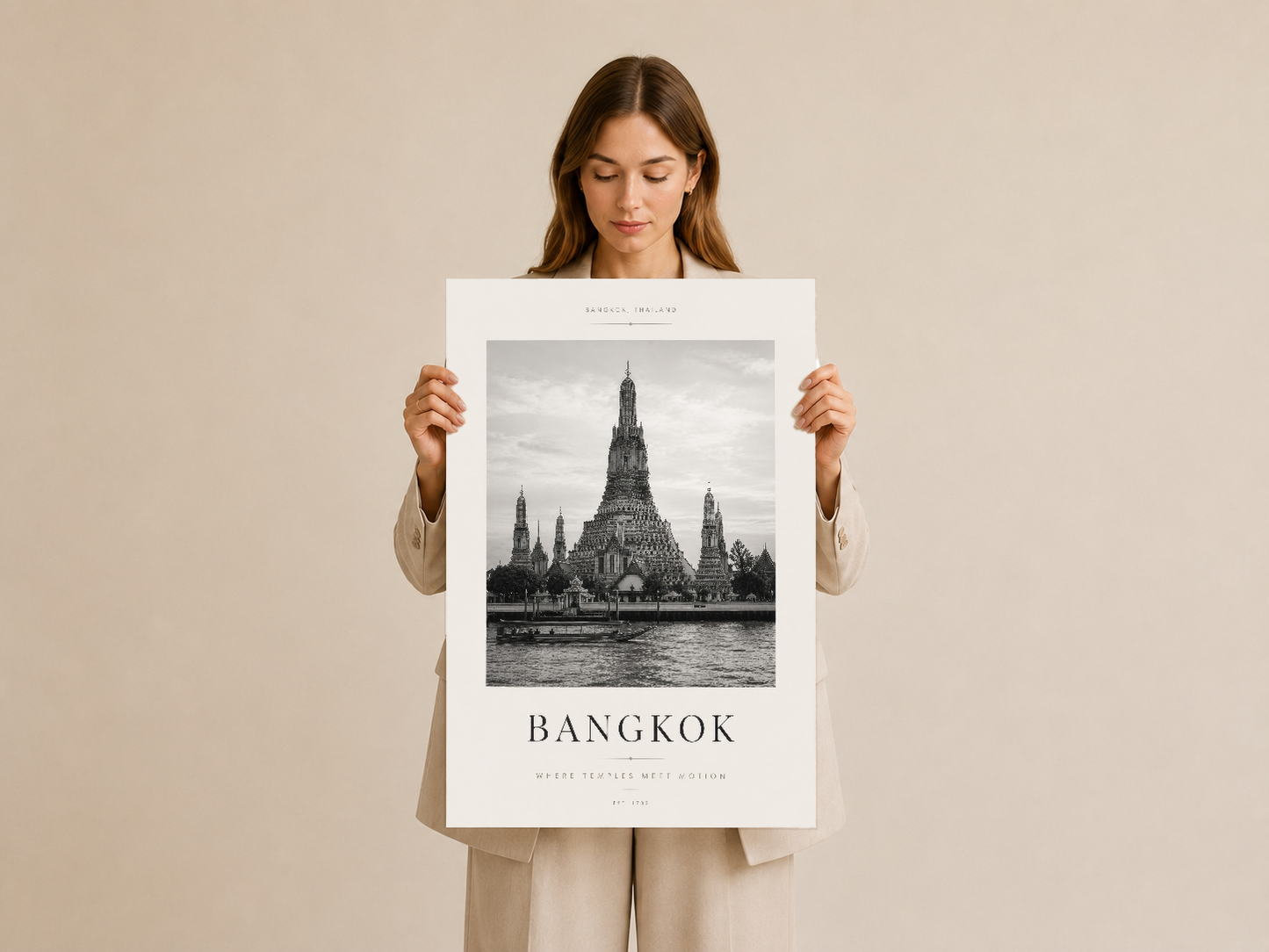 Seyahat ilham verici Bangkok tasarımı, klasik çerçeveye hazır sanat baskısı, zarif siyah-beyaz fotoğrafı.