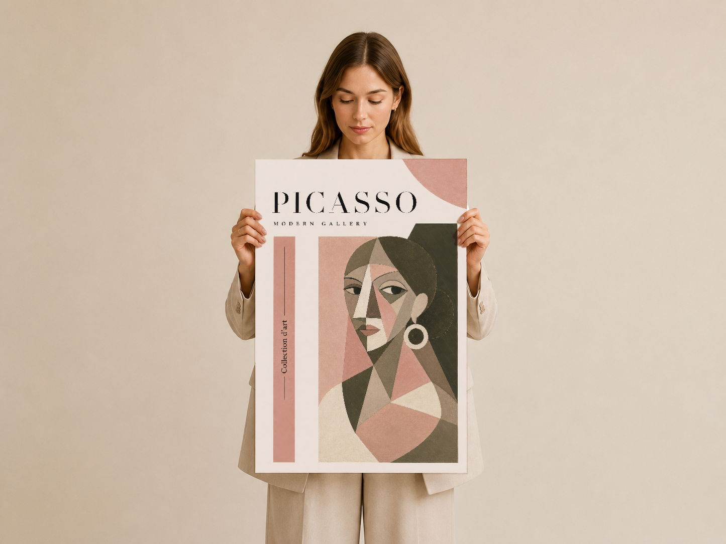 Picasso Modern Gallery posteri, pembe-siyah tonları ile kubist tarzda stilize kadın portresi sunan sanat eseri.