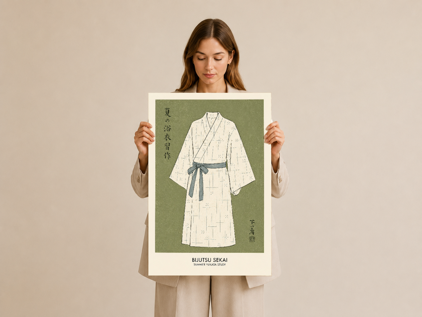 Kadın tarafından tutulan Bijutsu Sekai baskısı, yeşil arka planda ince linelerle çizilmiş yukata tasarımını sergiliyor.