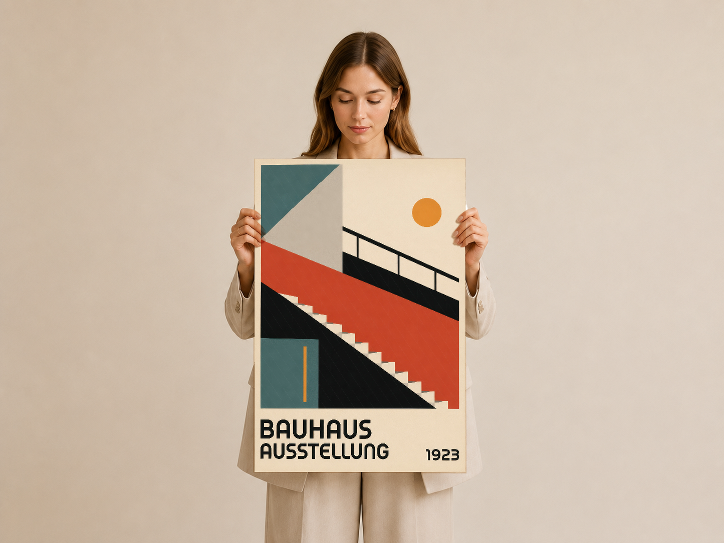 Vintage Bauhaus poster, kırmızı ve mavi geometrik tasarımla sanat ve tasarım tarihinin simgesi.