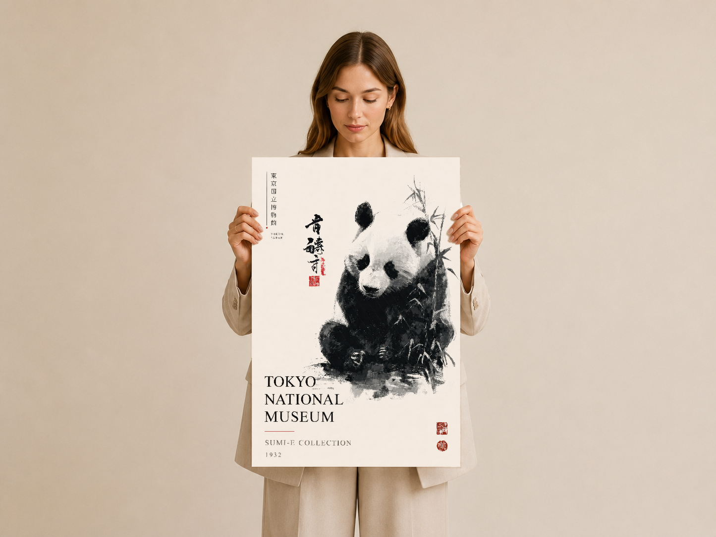 Geleneksel Japon sanat tarzında panda başlı minimalist poster, müzeum kalitesi baskı, sade ve zarif tasarım.