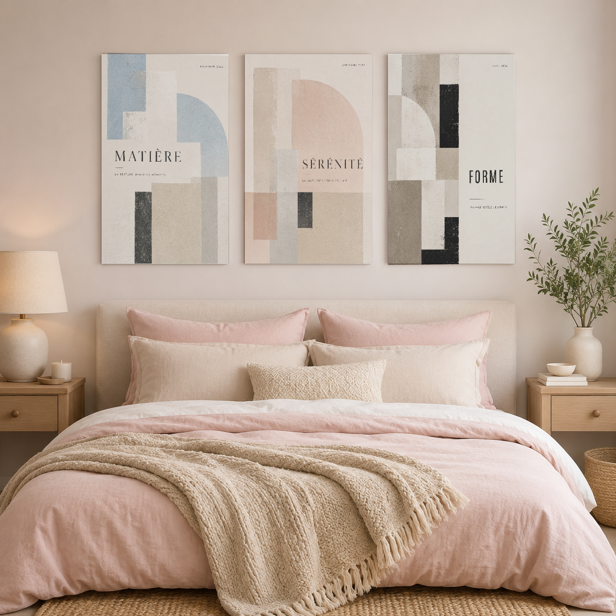 Matiere, Serenite ve Forme üçlü tablo seti, yatak başı duvarında asılı, pastel tonlar ve minimalist geometri ile yatak
