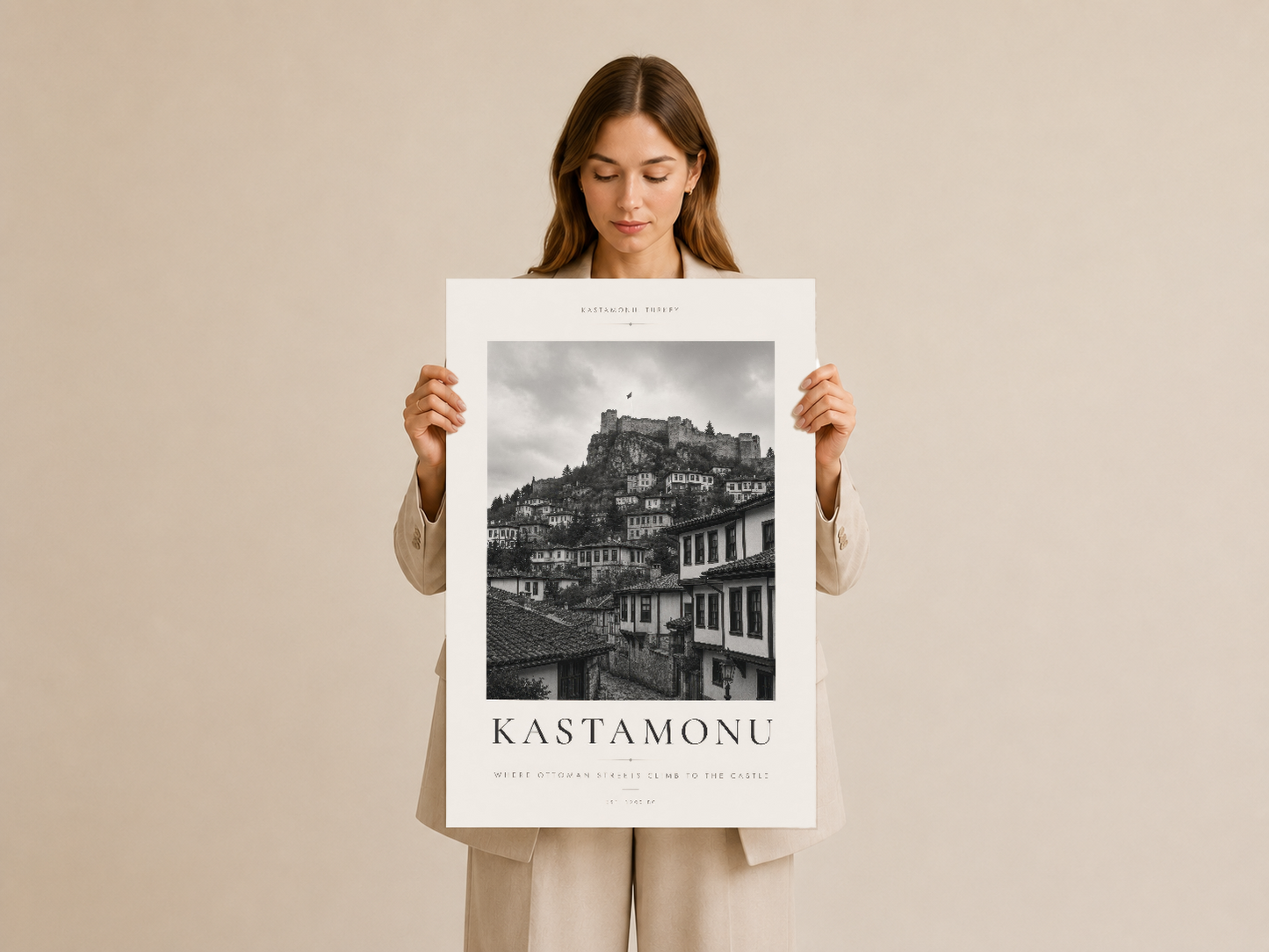Kastamonu poster sahibi tarafından tutularak gösterilen, siyah-beyaz sanat tablosu.