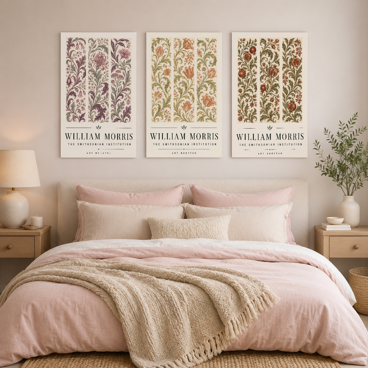 William Morris çiçek motifli üç panel tablo seti, yatak odası duvarında pembe tonlarla uyumlu.