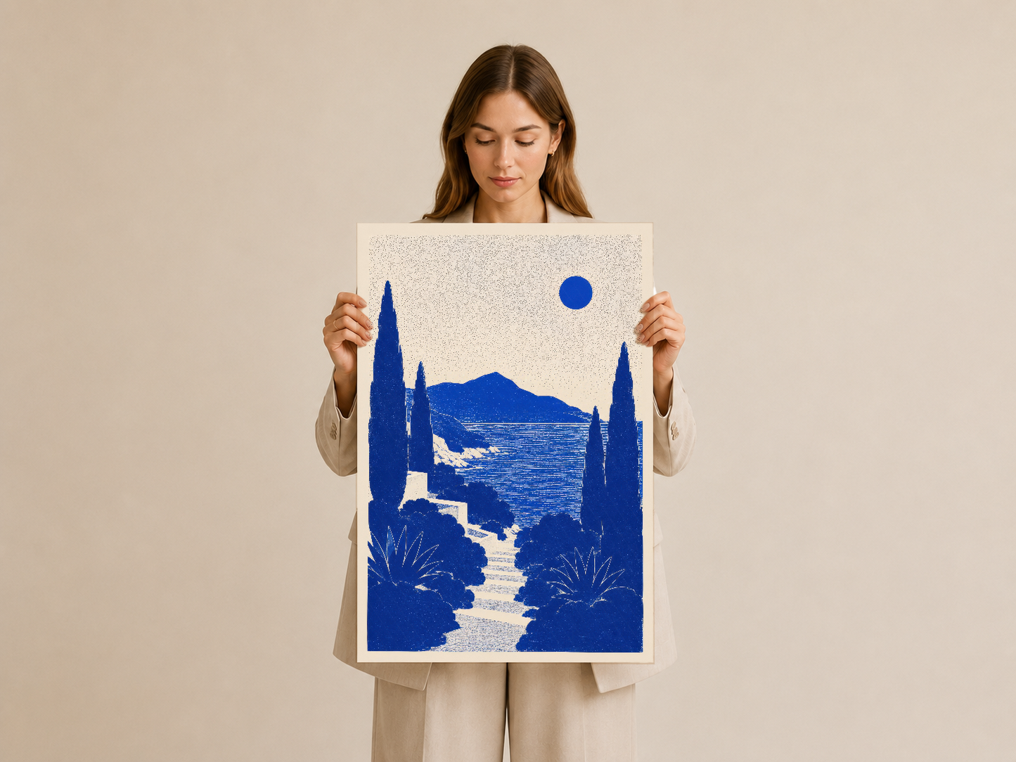 Akdeniz temalı koyu mavi resim, modern sanat stiliyle yaratıcı duvar tablosu baskısı.