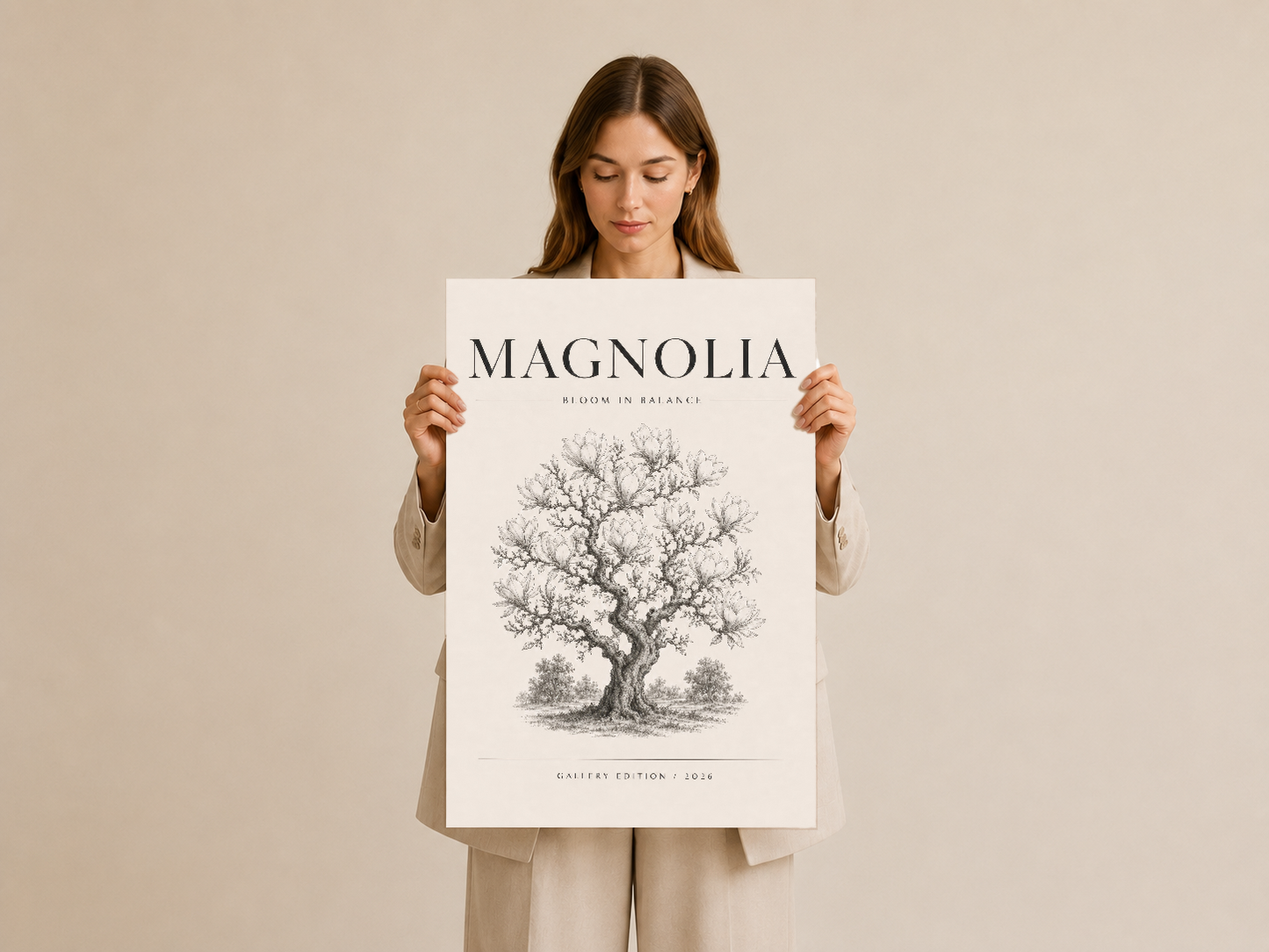 Botanik temalı Magnolia ağacı baskısını gösteren minimalist tasarım poster.