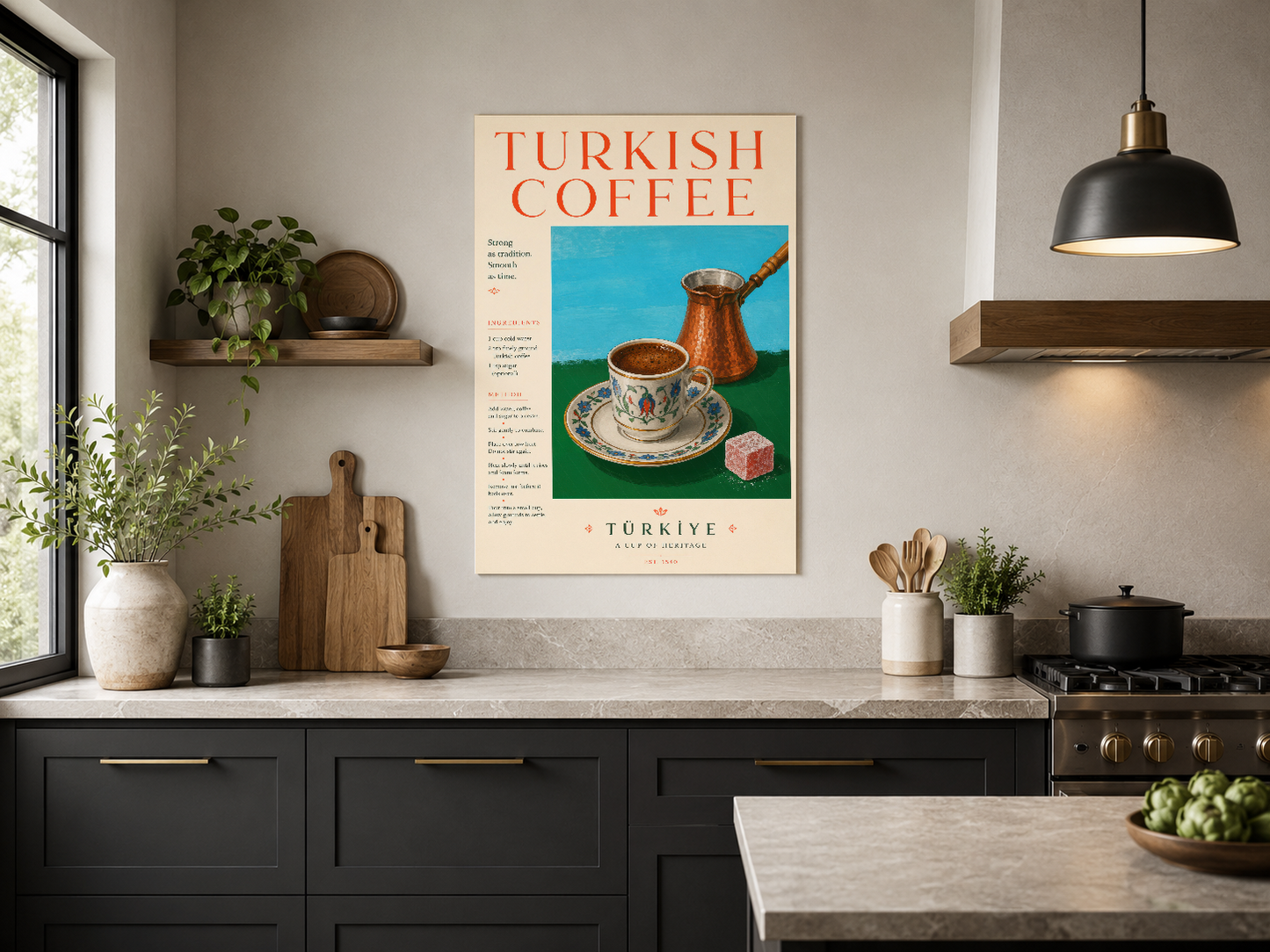Retro Türk kahvesi tablosu, koyu mutfaka asıl, nostaljik ve şık tasarım.
