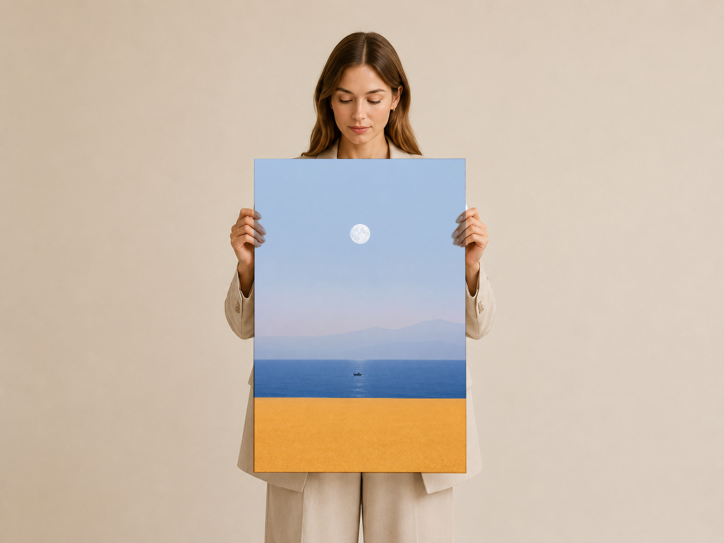 Ay ışığı ve deniz huzuru teması olan minimalist stil sanat tablosunu yerde gösteren görsel.