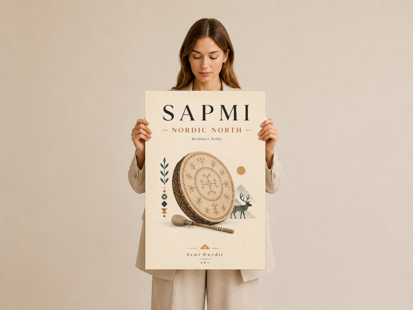 Sapmi Nordic North sanat baskısı, Nordic mitoloji temalı davul ve kültürel sembollerle dekoratif poster.