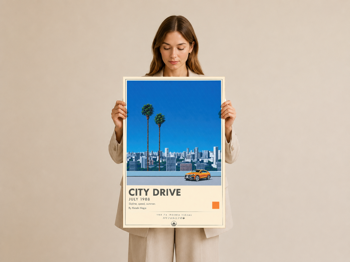 City Drive posteri, yandan görünümde sahip tarafından tutuluyor, net détayları ve retro çizim stiliyle öne çıkıyor.