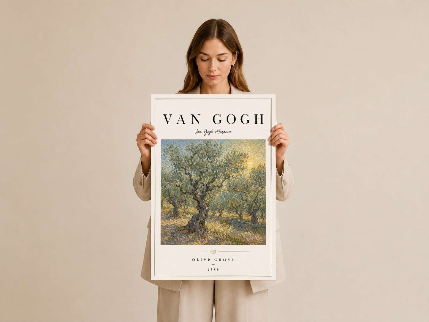 Van Gogh'un Zeytin Bahçesi sanat baskısı, beyaz çerçeveli poster, müze kalitesinde ve modern tasarımlı gösterim.