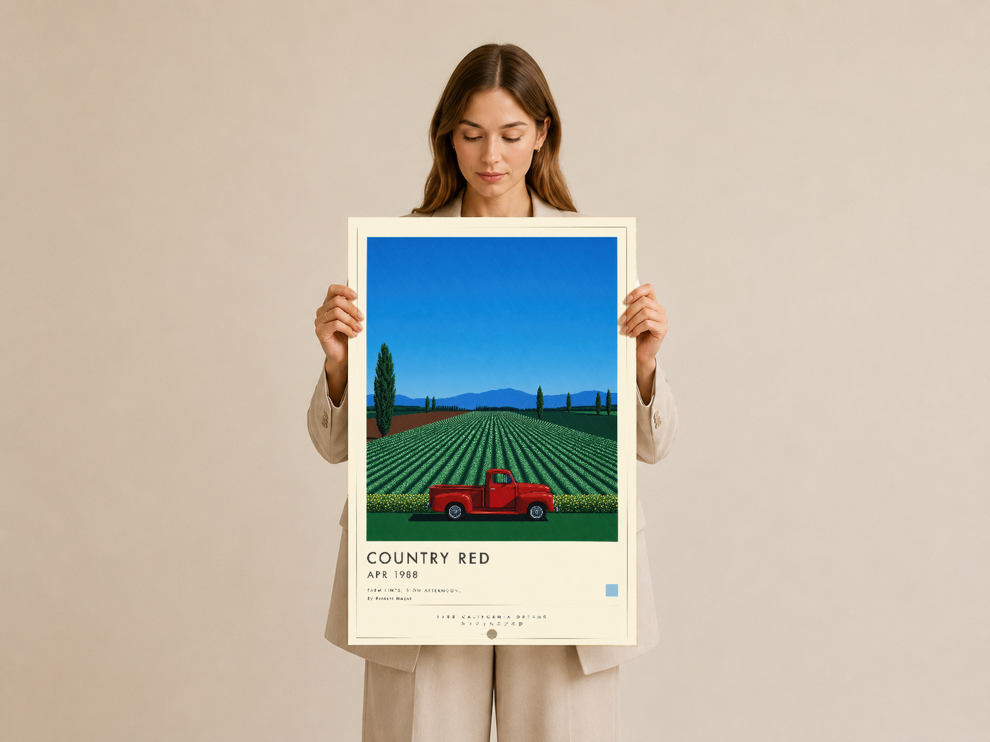Kırsal peyzaj temasıyla tasarlanan duvar tablosu, çerçeveli baskı, kırmızı araç detaylı modern sanat posteri.
