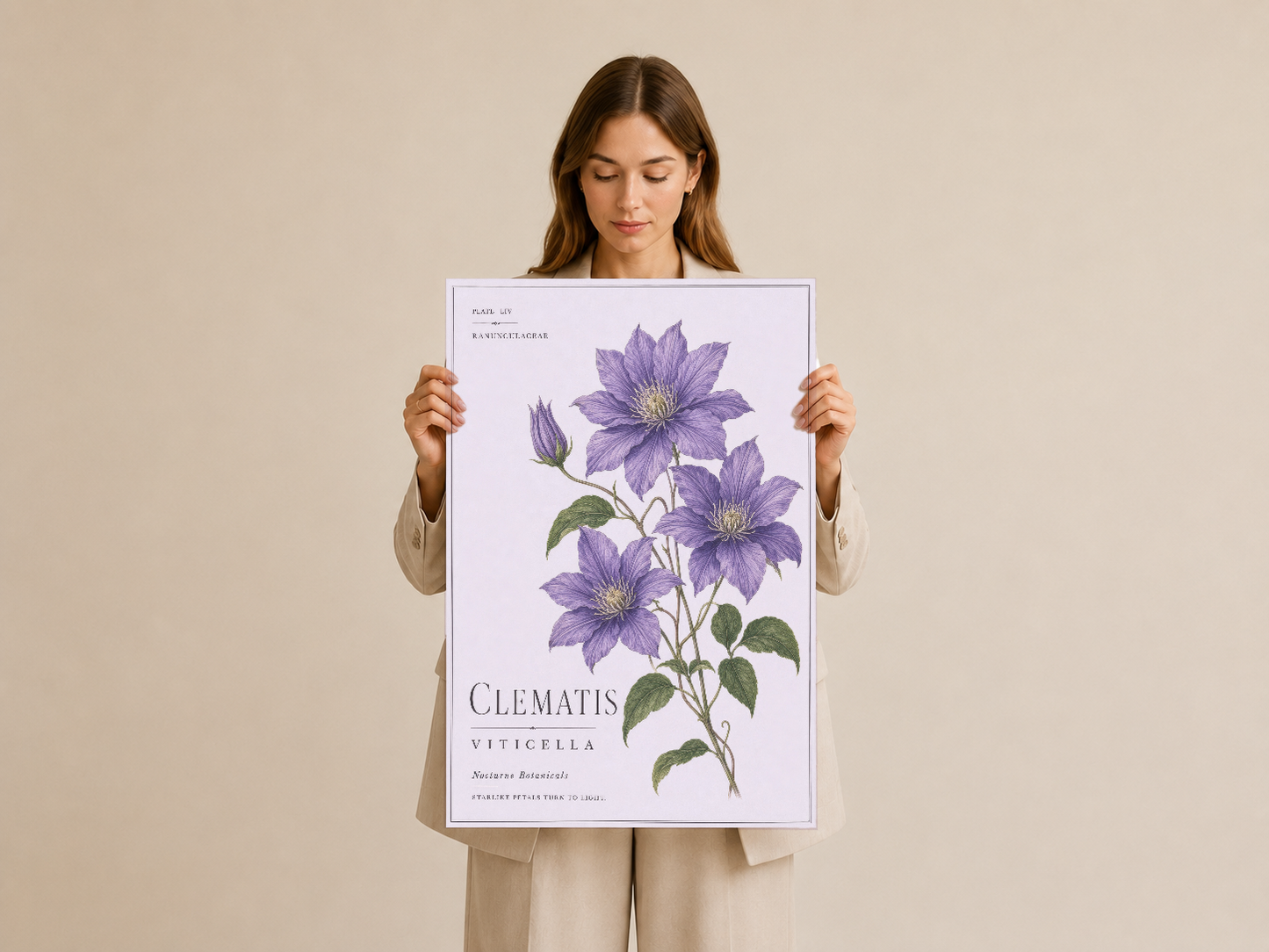 El çantasında tutulan, ayrıntılı yeşil yapraklarıyla tamamlanmış clematis tablosu.