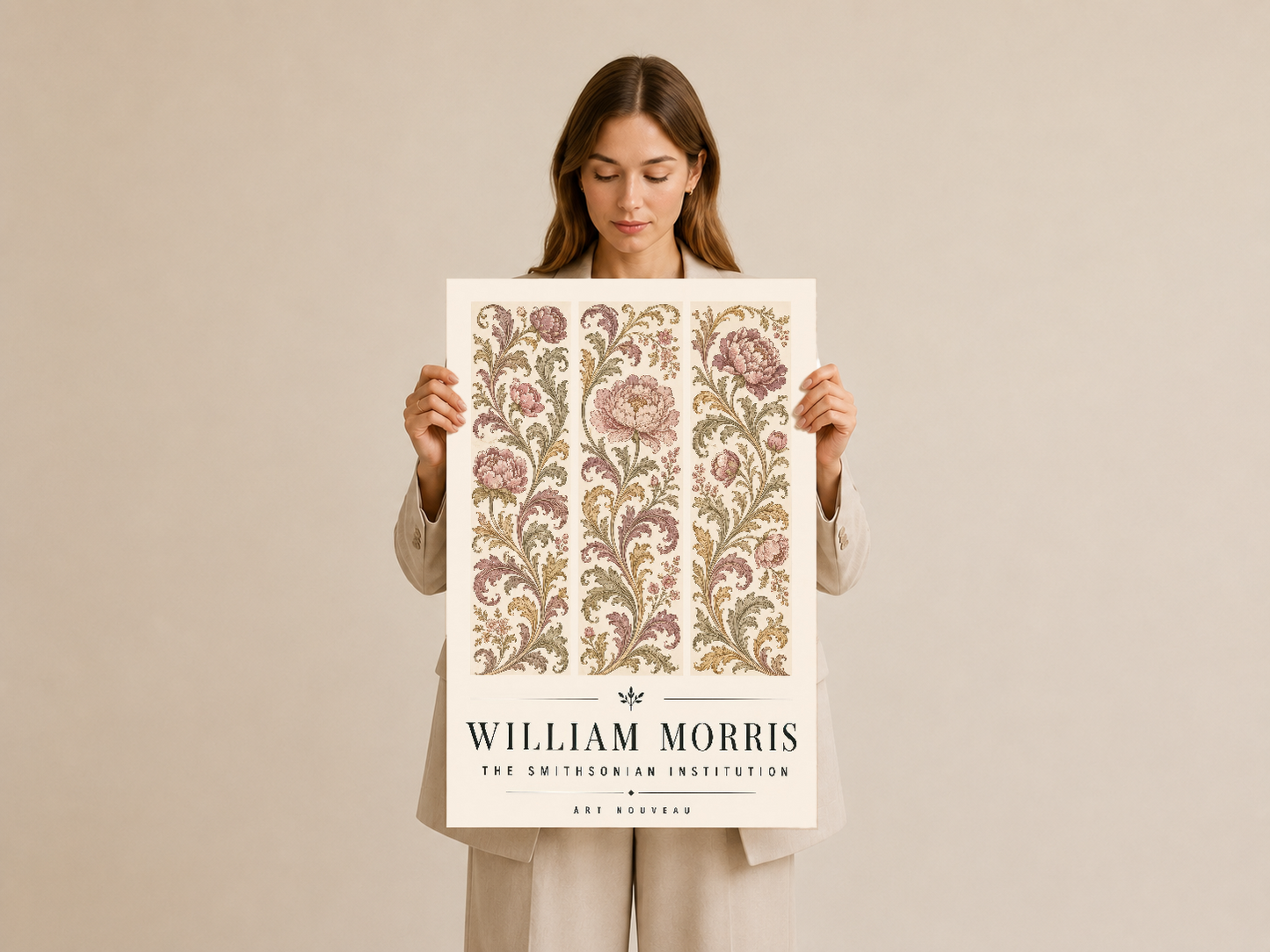 William Morris çiçekli tablo, elle tutulan profesyonel sunumu, vintage sanat koleksiyonu gösterimi.