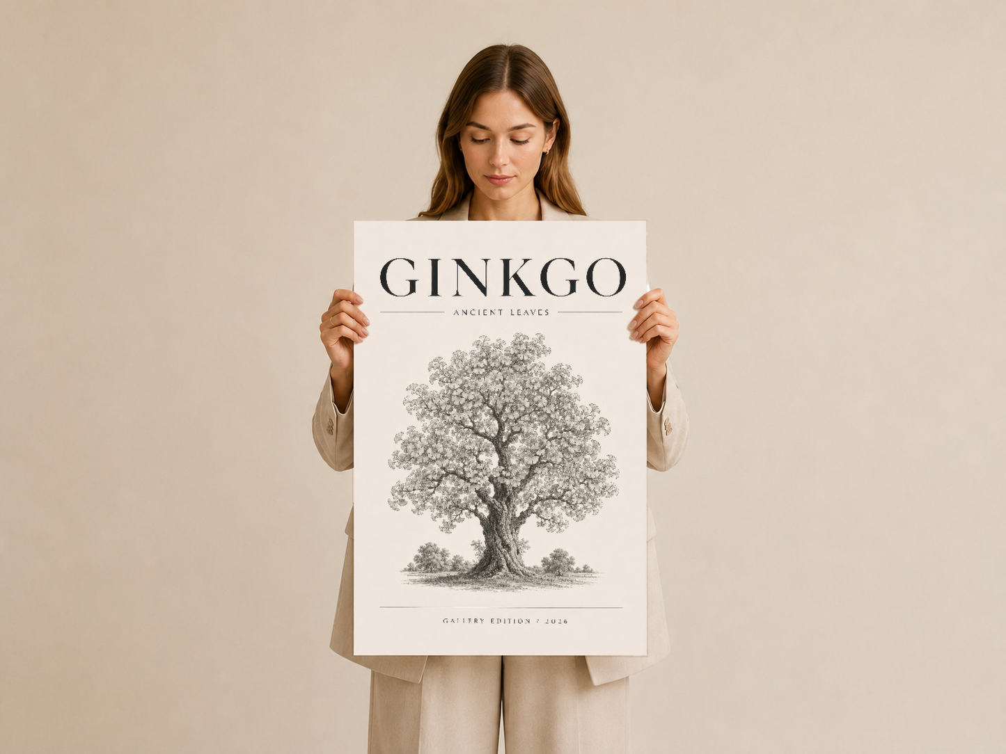 Ginkgo ağacı duvar sanatı, galeri baskısı olarak sunulan botanik poster.