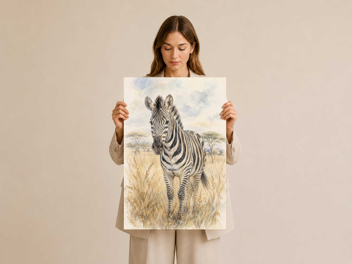 Detaylı suluboya zebra sanat eseri, doğal çizim tekniği ve canlı renk paleti ile hazırlanmış.