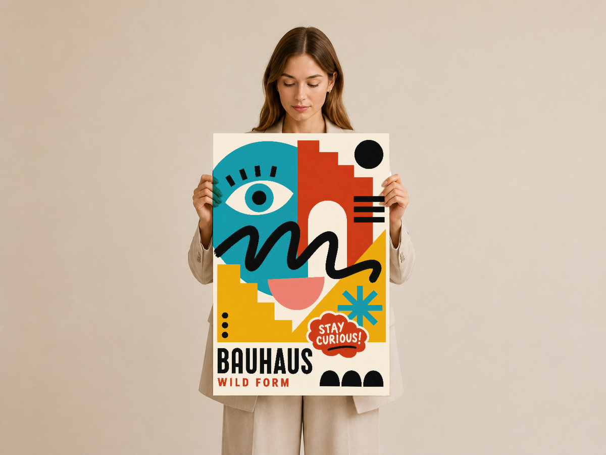 Kadın tarafından tutulan Bauhaus Wild Form posteri, canlı renk paleti ve soyut yüz tasarımı ile.