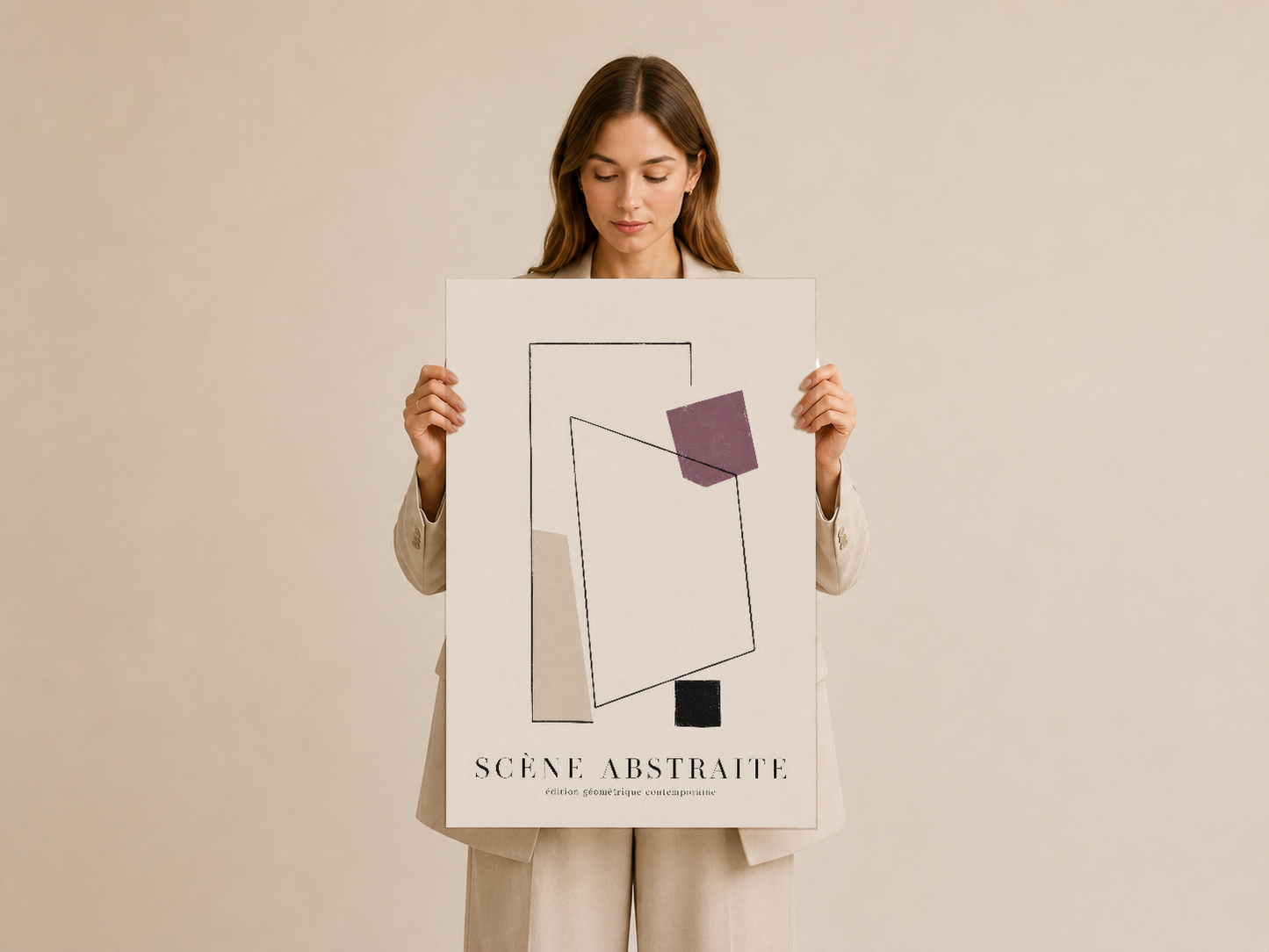 Geometrik soyut poster, ellerde tutuluyor, çağdaş sanat koleksiyonu