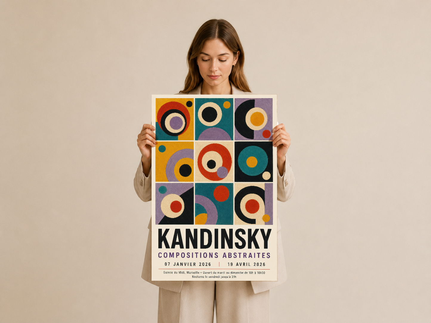 Kadın kollarında tutulan Kandinsky sanat tablosu, çok renkli daireler ve soyut kompozisyon tasarımı.