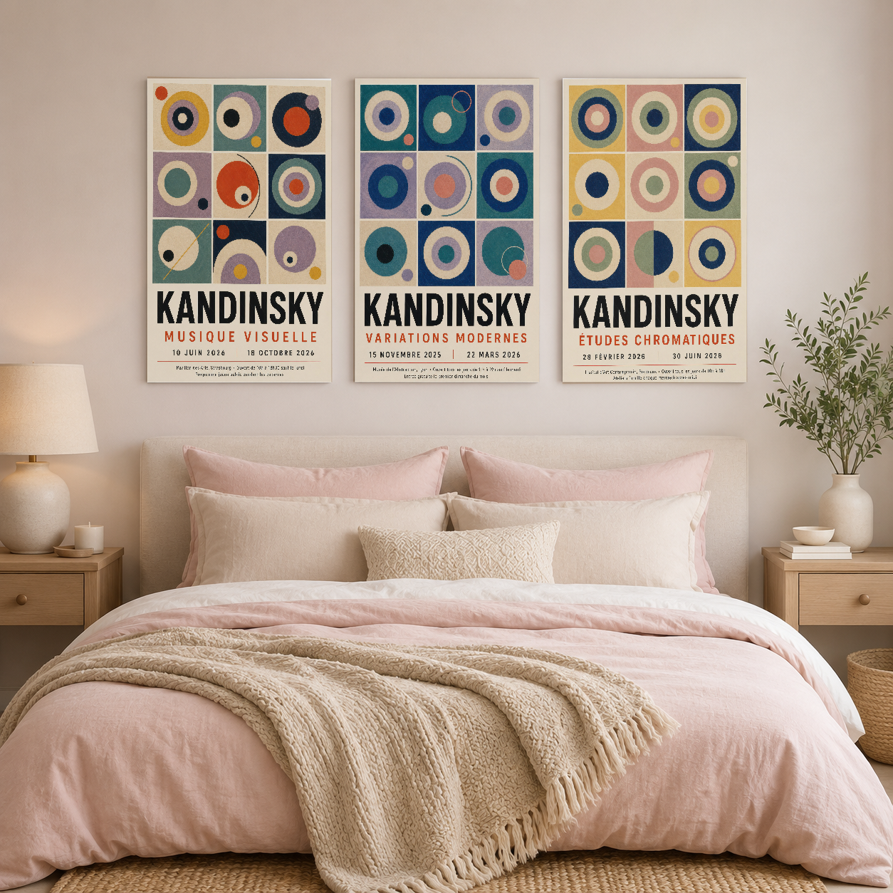 Kandinsky üç parçalı tablo seti, yatak başının üzerinde sakin ve sofistike dekorasyon oluşturuyor.